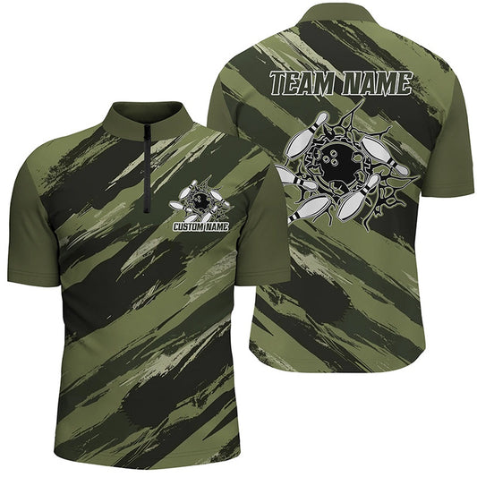 Custom Bowling Polo Shirts, Custom Navy Green Camo Bowling Shirts For Men And Women, Bowling Strike Team Shirts