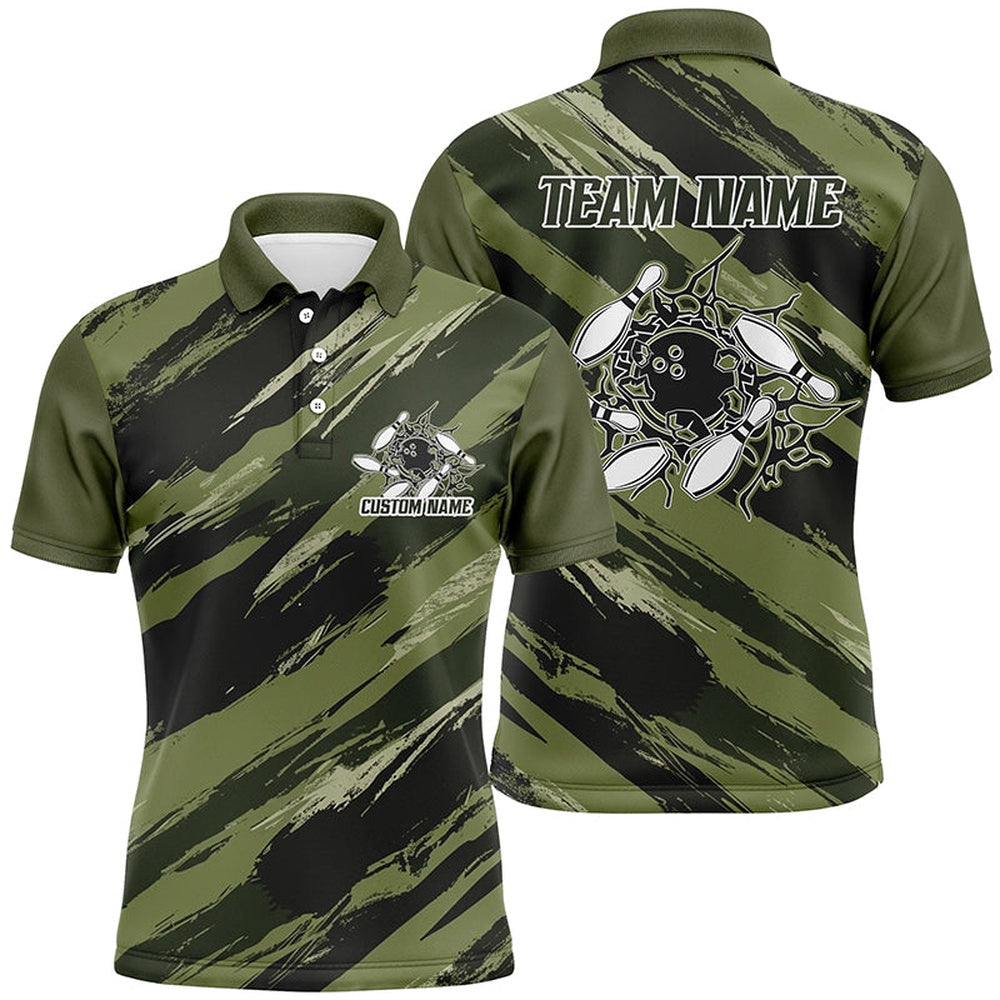 Custom Bowling Polo Shirts, Custom Navy Green Camo Bowling Shirts For Men And Women, Bowling Strike Team Shirts