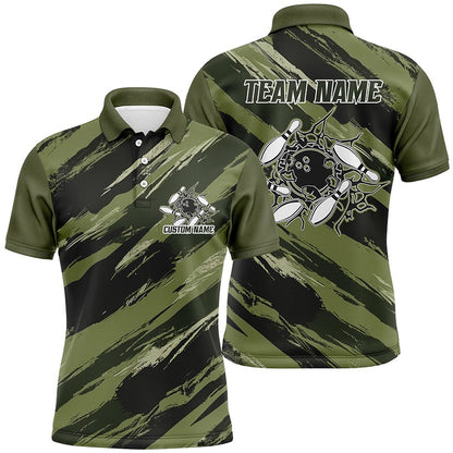 Custom Bowling Polo Shirts, Custom Navy Green Camo Bowling Shirts For Men And Women, Bowling Strike Team Shirts