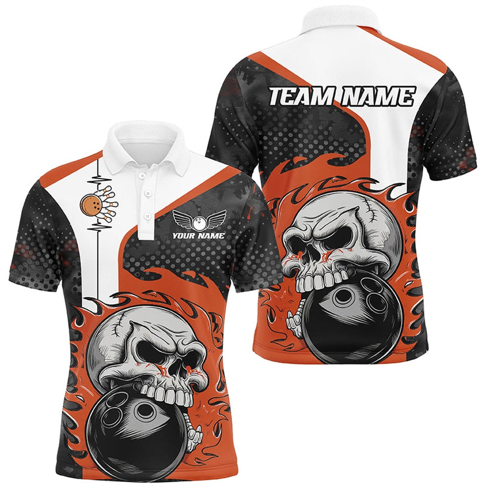 Custom Bowling Polo Shirts, Custom Orange Flame Skull Bowling Shirts, Bowling Team Polo Shirt For Men Outfit Bowling