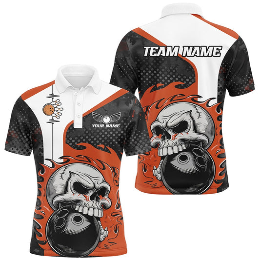 Custom Bowling Polo Shirts, Custom Orange Flame Skull Bowling Shirts, Bowling Team Polo Shirt For Men Outfit Bowling