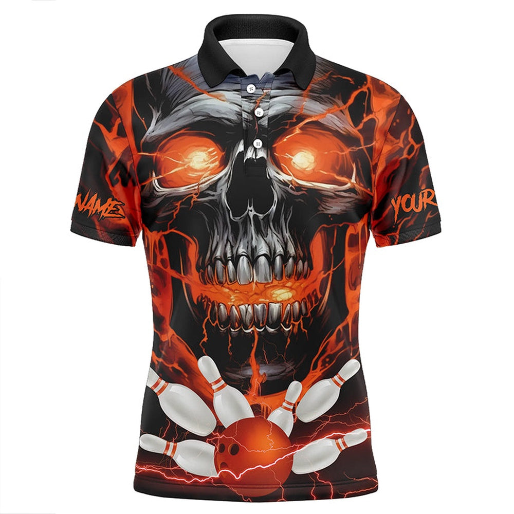 Custom Bowling Polo Shirts, Custom Orange Thunder Lightning Skull Bowling Team Jerseys Men Polo Shirts Bowling League Shirts
