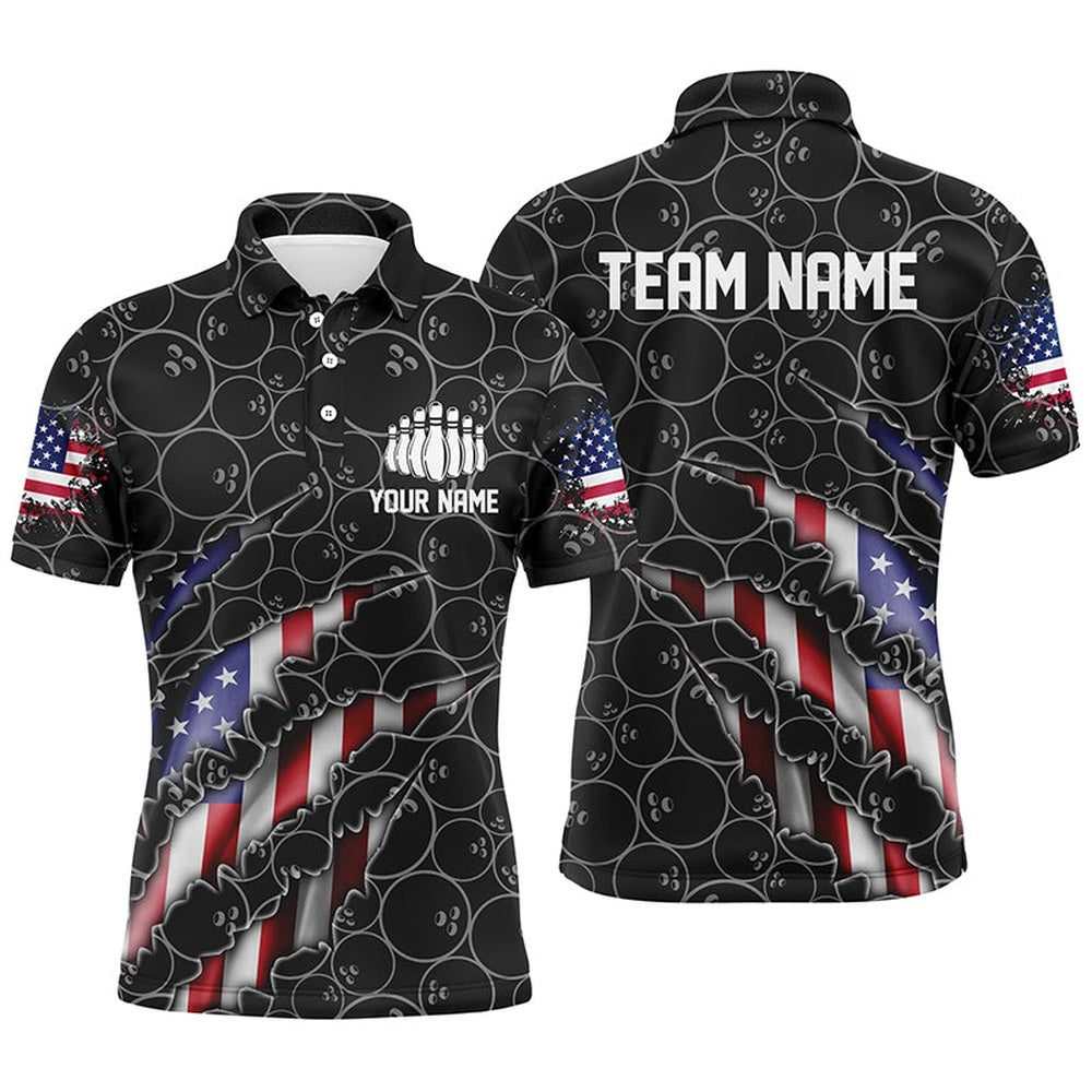 Custom Bowling Polo Shirts, Custom Patriotic Bowling Shirts For Men, American Flag Bowling Uniform Bowlers Outfit Black