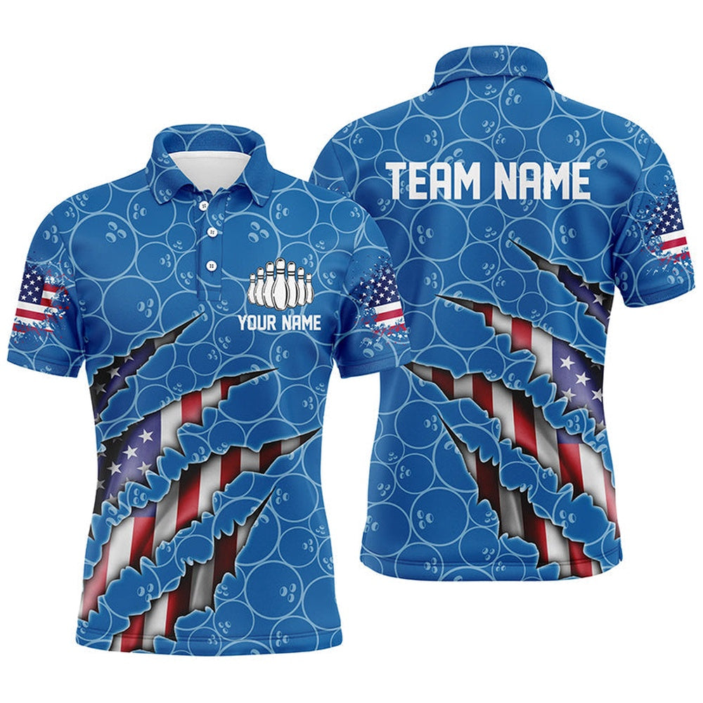 Custom Bowling Polo Shirts, Custom Patriotic Bowling Shirts For Men, American Flag Bowling Uniform Bowlers Outfit Blue