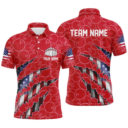 Custom Bowling Polo Shirts, Custom Patriotic Bowling Shirts For Men, American Flag Bowling Uniform Bowlers Outfit Red