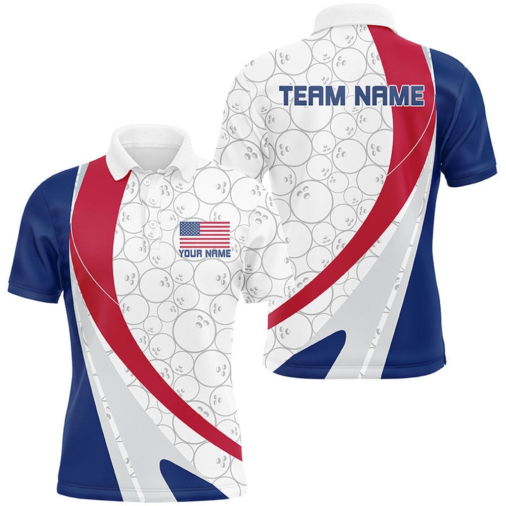 Custom Bowling Polo Shirts, Custom Patriotic Bowling Shirts For Men, Red White And Blue Bowling Polo Shirts For Men