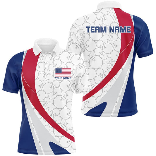 Custom Bowling Polo Shirts, Custom Patriotic Bowling Shirts For Men, Red White And Blue Bowling Polo Shirts For Men
