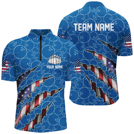 Custom Bowling Polo Shirts, Custom Patriotic Bowling Zip Shirts For Men, American Flag Bowling Uniform Bowlers Outfit Blue