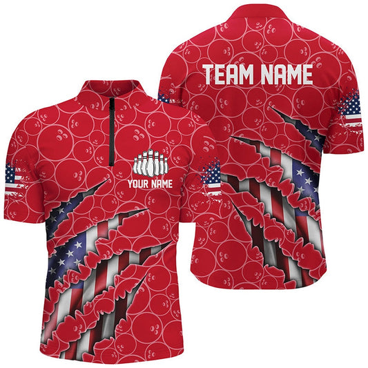 Custom Bowling Polo Shirts, Custom Patriotic Bowling Zip Shirts For Men, American Flag Bowling Uniform Bowlers Outfit Red