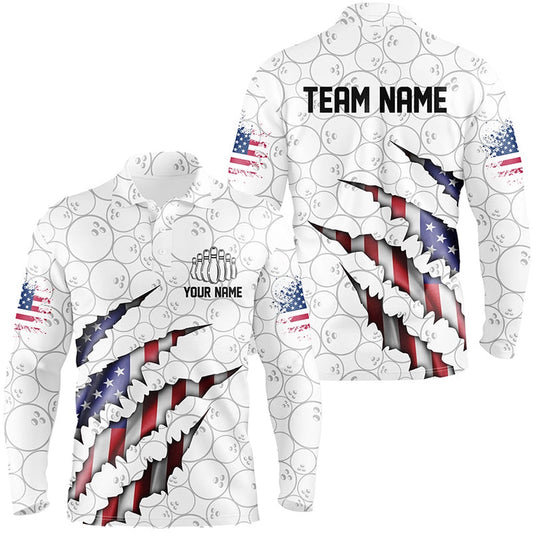 Custom Bowling Polo Shirts, Custom Patriotic Long Sleeve Bowling Shirts For Men, American Flag Usa Bowling League Shirts