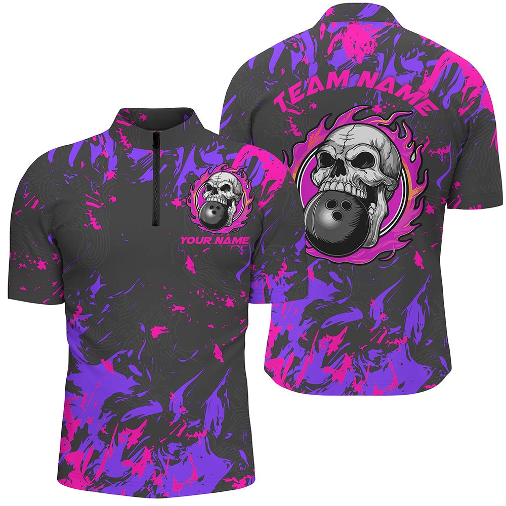 Custom Bowling Polo Shirts, Custom Pink And Purple Bowling Jerseys For Men And Women, Flame Skull Bowling Team Shirts
