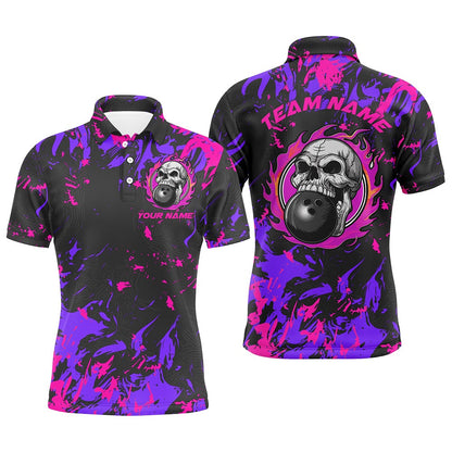 Custom Bowling Polo Shirts, Custom Pink And Purple Bowling Jerseys For Men And Women, Flame Skull Bowling Team Shirts