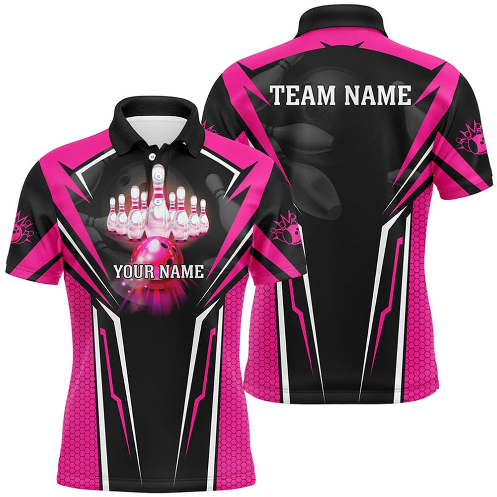 Custom Bowling Polo Shirts, Custom Pink Bowling Polo Shirts For Men, Strike Bowling Team Jerseys Bowlers Outfits