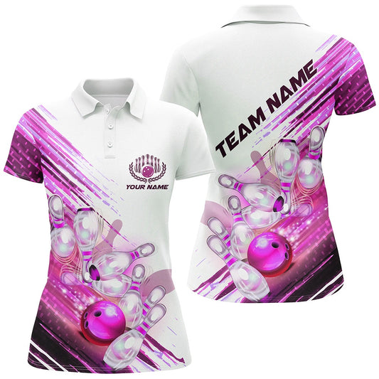 Custom Bowling Polo Shirts, Custom Pink Bowling Shirts For Women, Pink Female Bowling Shirts Bowling Uniform With Name