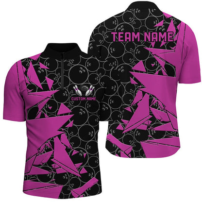 Custom Bowling Polo Shirts, Custom Pink Bowling Team Shirts For Men And Women, Bowling Ball Pattern Bowlers Outfits