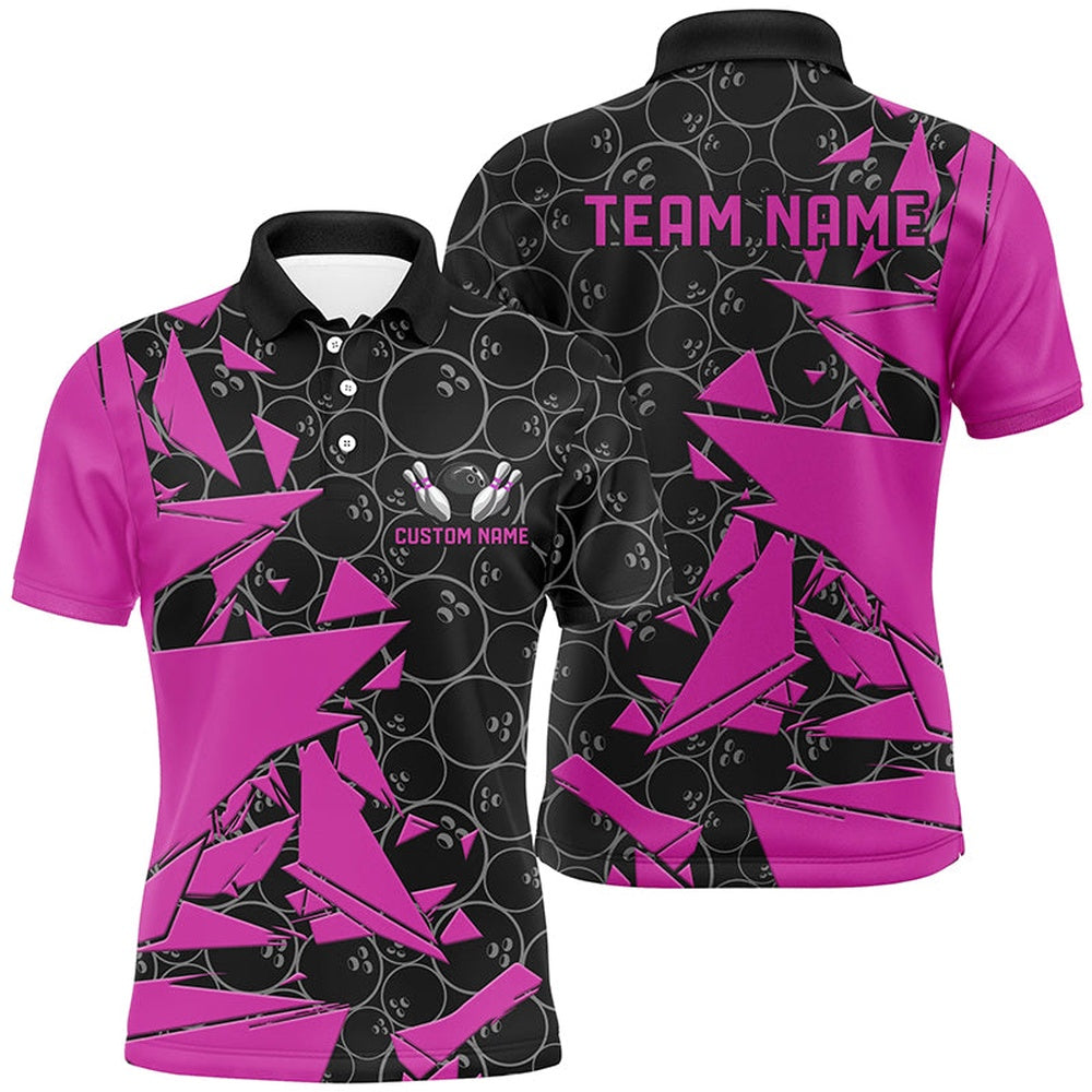 Custom Bowling Polo Shirts, Custom Pink Bowling Team Shirts For Men And Women, Bowling Ball Pattern Bowlers Outfits