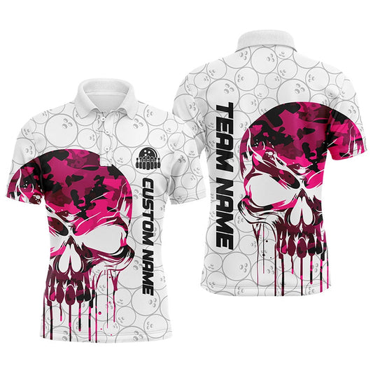 Custom Bowling Polo Shirts, Custom Pink Camo Skull Bowling Polo Shirts Men Team Bowling Jerseys Bowling League Outfit