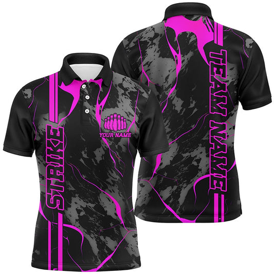 Custom Bowling Polo Shirts, Custom Pink Strike Bowling Shirts Men Polo Pink Camo Bowling Team Jerseys Bowling League