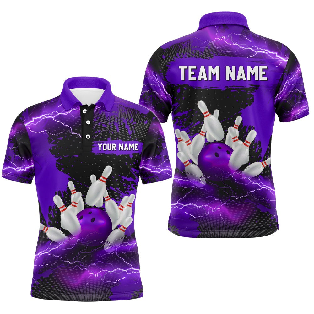 Custom Bowling Polo Shirts, Custom Purple Bowling Polo Shirts Men & Women Lightning Thunder Bowling Team Jerseys