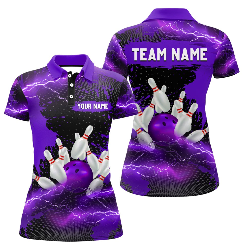 Custom Bowling Polo Shirts, Custom Purple Bowling Polo Shirts Men & Women Lightning Thunder Bowling Team Jerseys