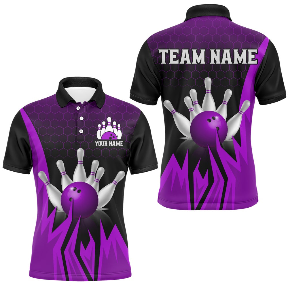Custom Bowling Polo Shirts, Custom Purple Flame Bowling Polo Shirts For Men & Women Bowling Team Jersey