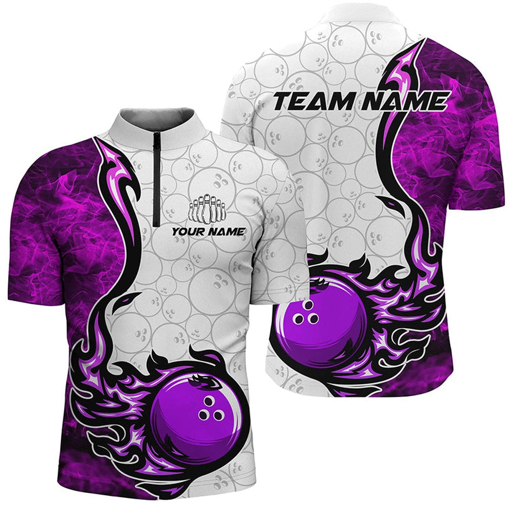 Custom Bowling Polo Shirts, Custom Purple Flame Bowling Shirts For Men Bowling Ball Pattern Bowling Team Jerseys For Bowlers