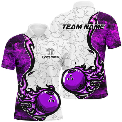 Custom Bowling Polo Shirts, Custom Purple Flame Bowling Shirts For Men Bowling Ball Pattern Bowling Team Jerseys For Bowlers