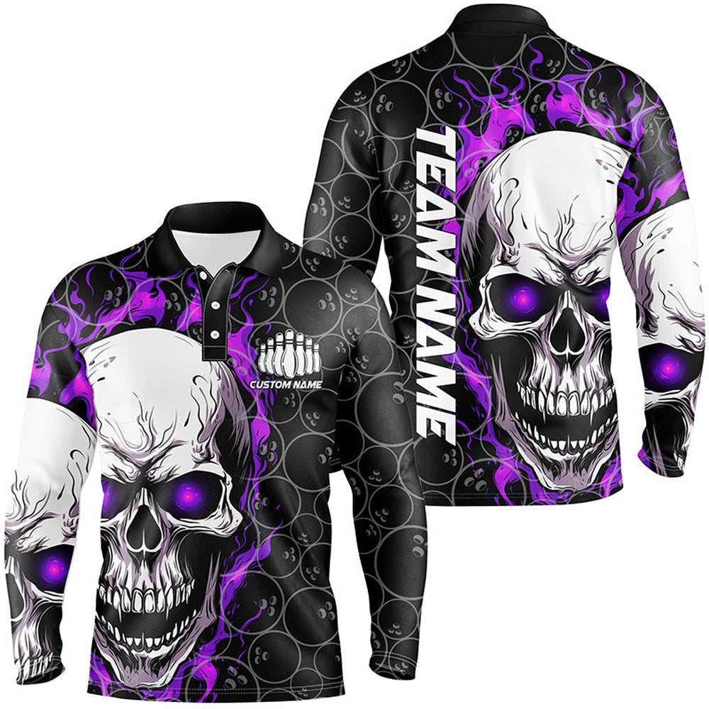 Custom Bowling Polo Shirts, Custom Purple Flame Skull Bowling Shirts For Men, Bowling Team Long Sleeve Bowling Shirts
