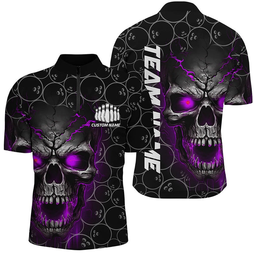 Custom Bowling Polo Shirts, Custom Purple Skull Bowling Polo Shirts For Men, Bowling Pattern Bowling Team Jerseys