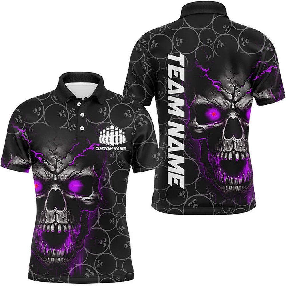 Custom Bowling Polo Shirts, Custom Purple Skull Bowling Polo Shirts For Men, Bowling Pattern Bowling Team Jerseys