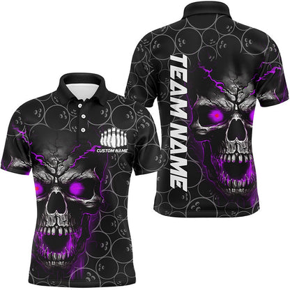 Custom Bowling Polo Shirts, Custom Purple Skull Bowling Polo Shirts For Men, Bowling Pattern Bowling Team Jerseys