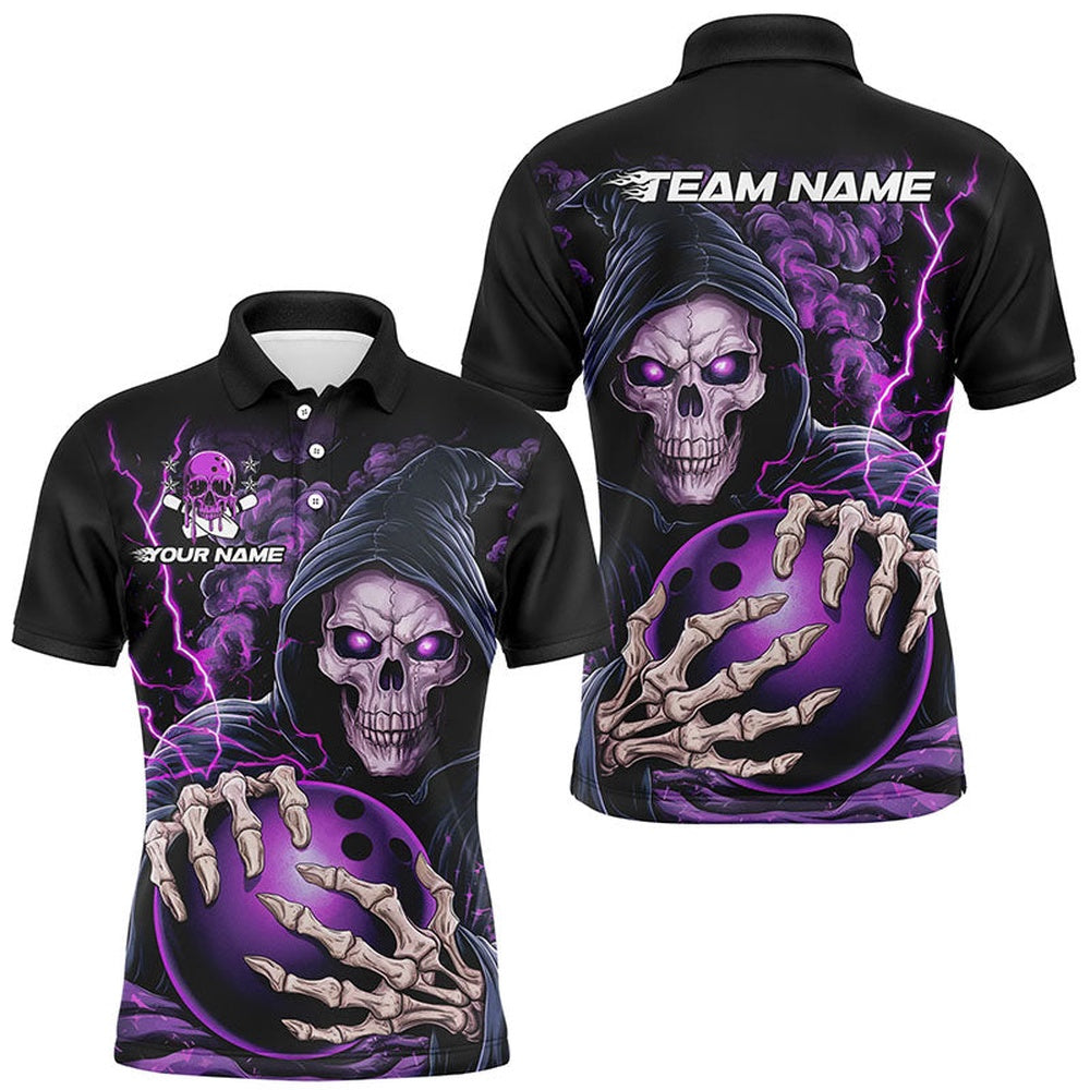 Custom Bowling Polo Shirts, Custom Purple Skull Bowling Polo Shirts For Men, Personalized Halloween Bowling Team Shirts
