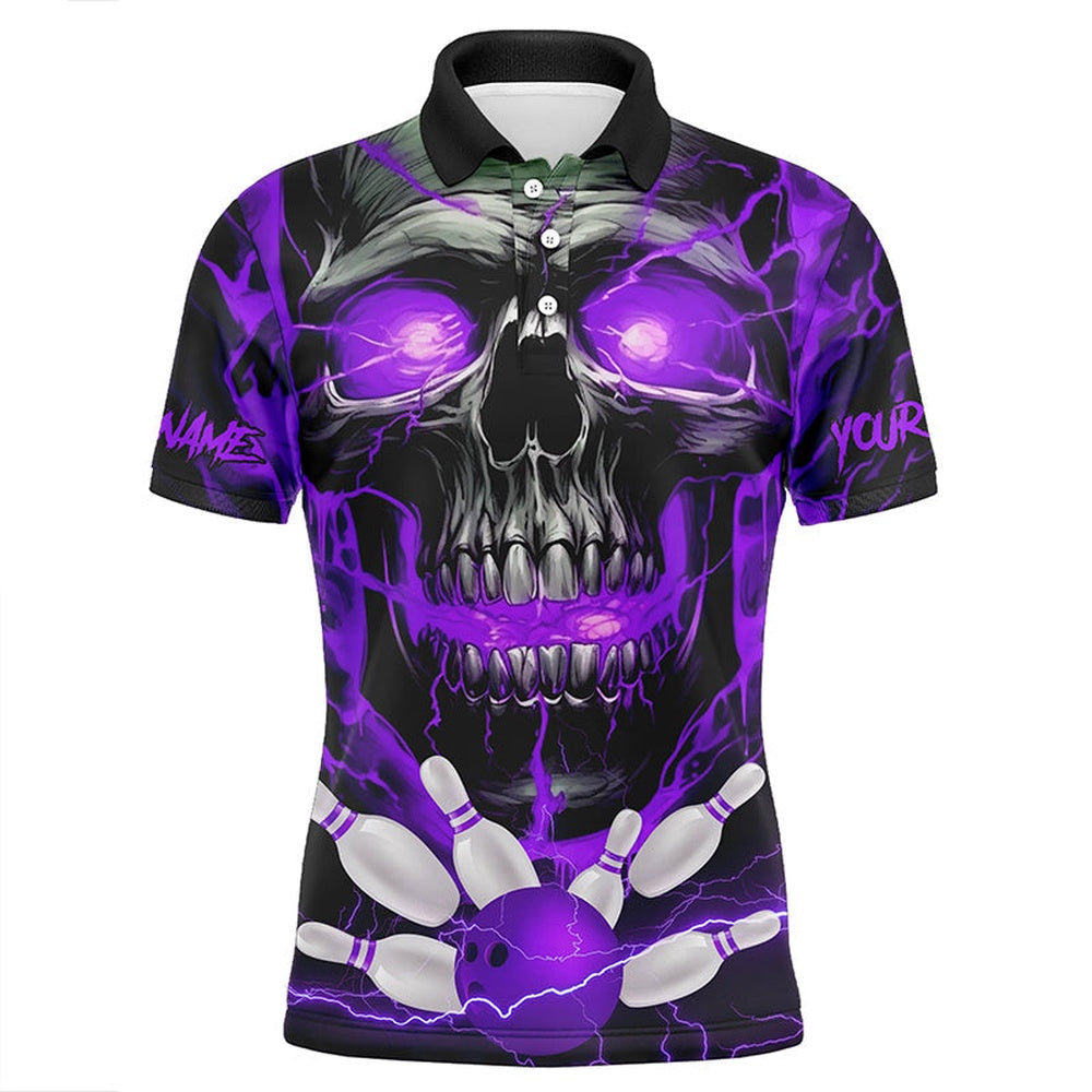Custom Bowling Polo Shirts, Custom Purple Thunder Lightning Skull Bowling Team Jerseys Men Polo Shirts Bowling League Shirts