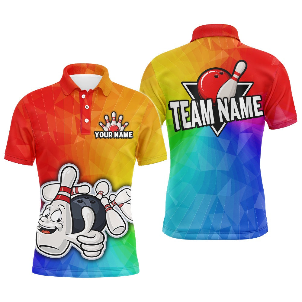 Custom Bowling Polo Shirts, Custom Rainbow Bowling Shirt For Men Bowling Jersey Bowling Team League Polo Shirt
