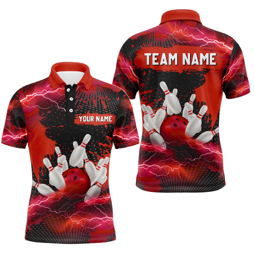 Custom Bowling Polo Shirts, Custom Red Bowling Polo Shirts For Men & Women Lightning Thunder Bowling Team Jerseys