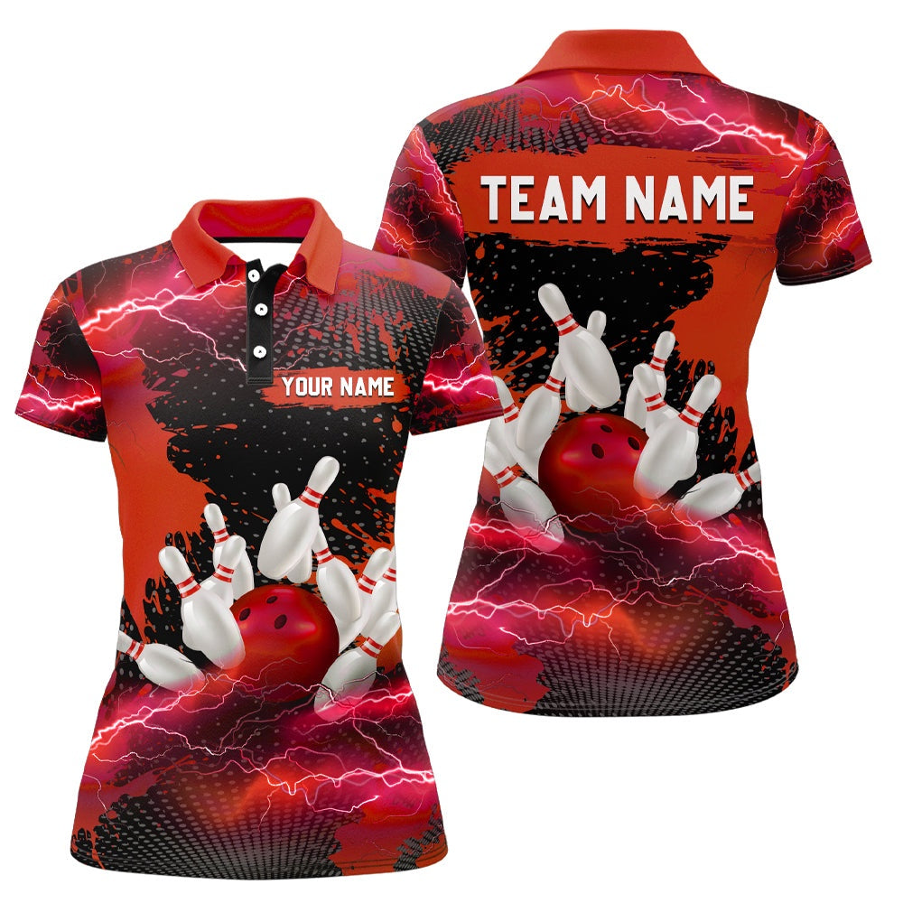 Custom Bowling Polo Shirts, Custom Red Bowling Polo Shirts For Men & Women Lightning Thunder Bowling Team Jerseys