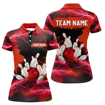 Custom Bowling Polo Shirts, Custom Red Bowling Polo Shirts For Men & Women Lightning Thunder Bowling Team Jerseys