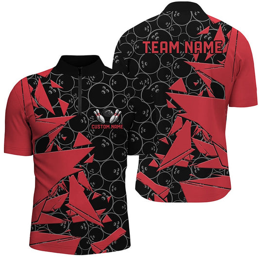 Custom Bowling Polo Shirts, Custom Red Bowling Team Shirts For Men And Women, Bowling Ball Pattern Bowlers Outfits