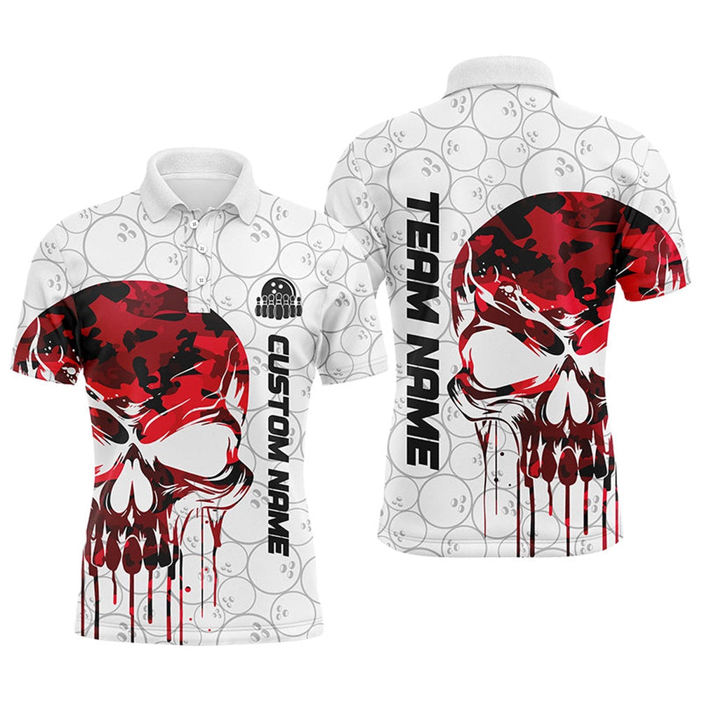 Custom Bowling Polo Shirts, Custom Red Camo Skull Bowling Polo Shirts Men Team Bowling Jerseys Bowling League Outfit