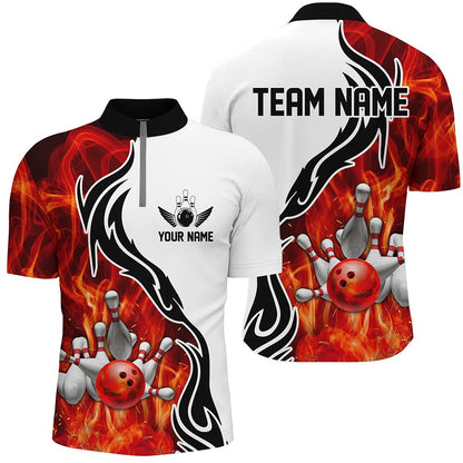 Custom Bowling Polo Shirts, Custom Red Flame Bowling Polo Shirts For Men, Bowling Team Jerseys Bowler Outfit
