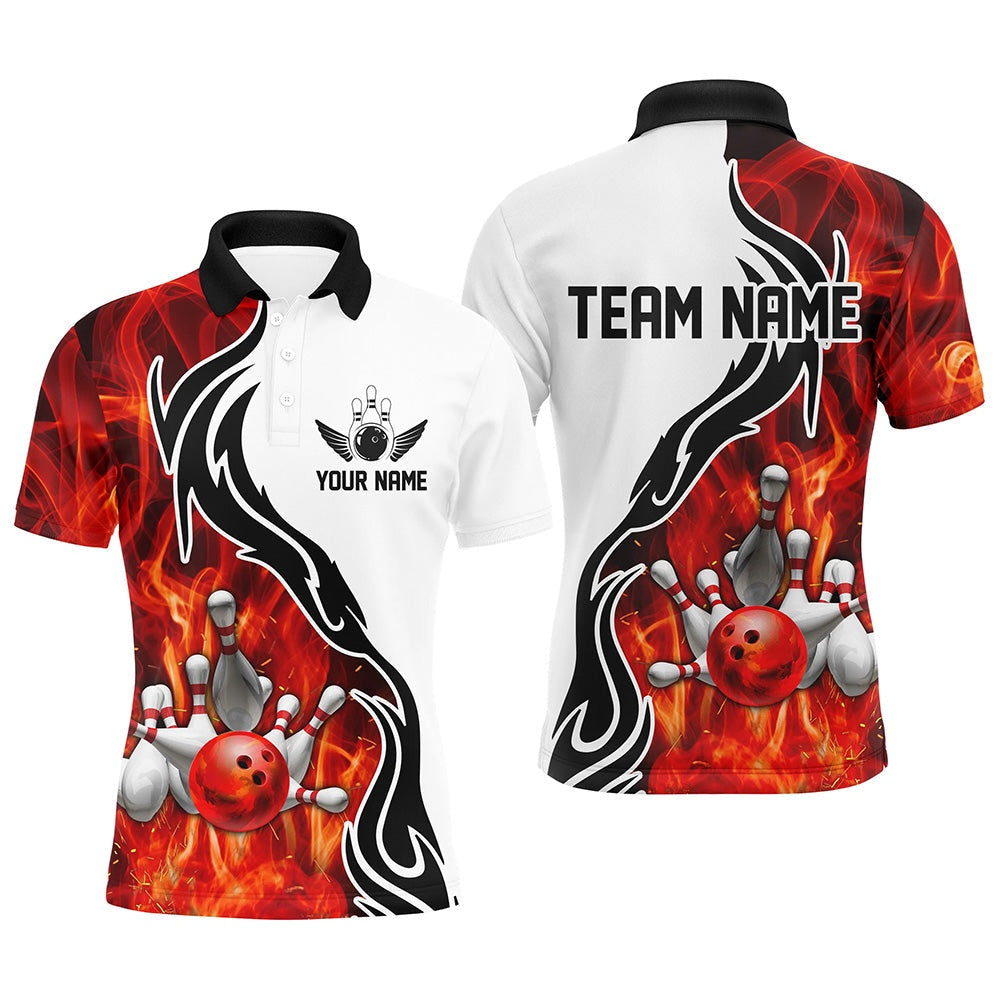 Custom Bowling Polo Shirts, Custom Red Flame Bowling Polo Shirts For Men, Bowling Team Jerseys Bowler Outfit
