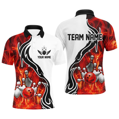 Custom Bowling Polo Shirts, Custom Red Flame Bowling Polo Shirts For Men, Bowling Team Jerseys Bowler Outfit