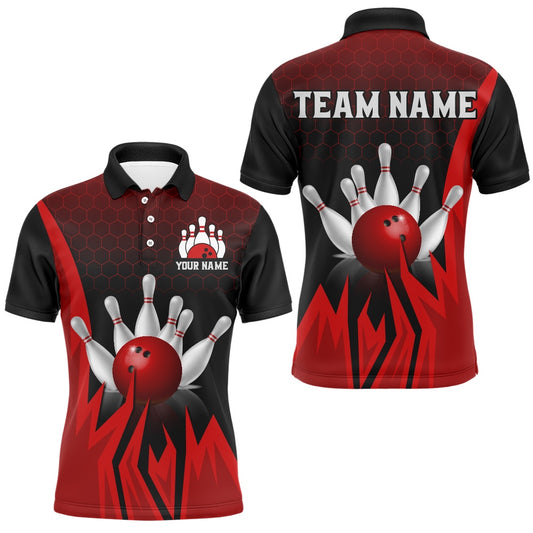 Custom Bowling Polo Shirts, Custom Red Flame Bowling Polo Shirts For Men & Women Bowling Team Jersey