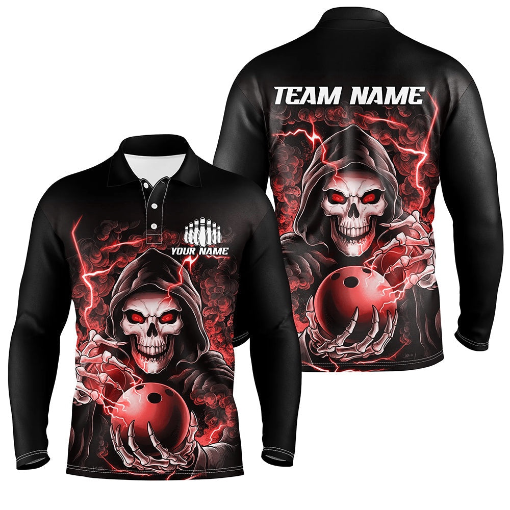 Custom Bowling Polo Shirts, Custom Red Skull Bowling Long Sleeve Polo Shirts For Men, Halloween Bowling Team Shirts