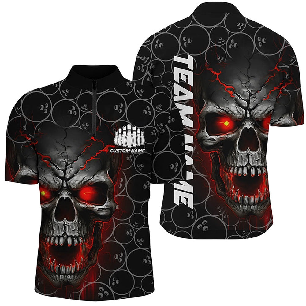 Custom Bowling Polo Shirts, Custom Red Skull Bowling Polo Shirts For Men, Bowling Pattern Bowling Team Jerseys