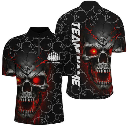 Custom Bowling Polo Shirts, Custom Red Skull Bowling Polo Shirts For Men, Bowling Pattern Bowling Team Jerseys