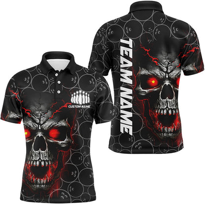 Custom Bowling Polo Shirts, Custom Red Skull Bowling Polo Shirts For Men, Bowling Pattern Bowling Team Jerseys