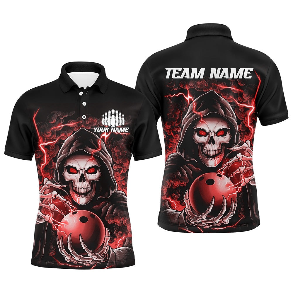 Custom Bowling Polo Shirts, Custom Red Skull Bowling Polo Shirts For Men, Personalized Halloween Bowling Team Shirts