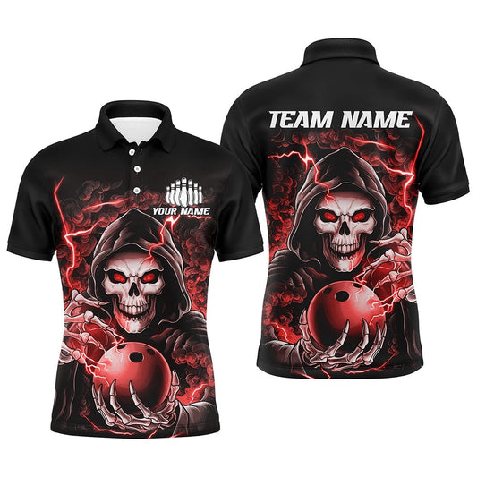 Custom Bowling Polo Shirts, Custom Red Skull Bowling Polo Shirts For Men, Personalized Halloween Bowling Team Shirts