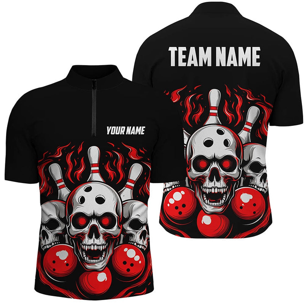 Custom Bowling Polo Shirts, Custom Red Skull Bowling Team Shirts, Flame Bowling Jerseys Bowlers Shirts For Men And Women